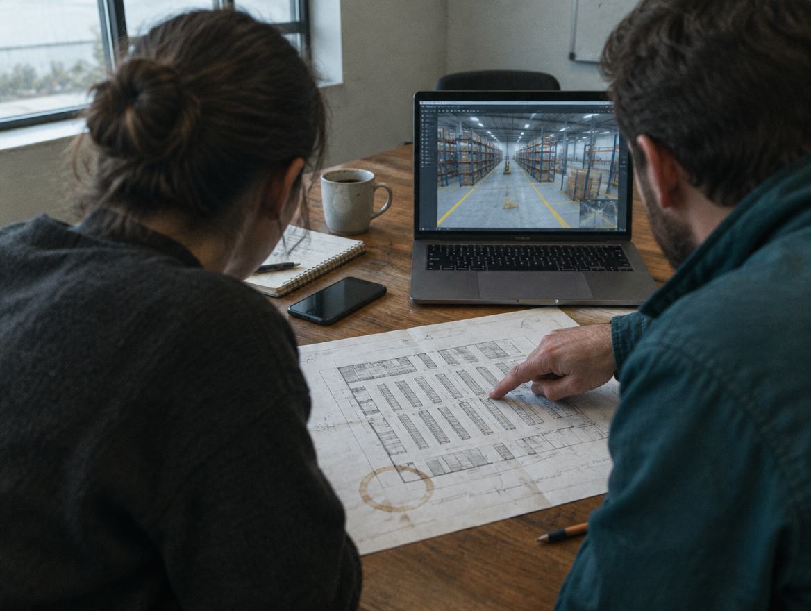 A salesperson and a customer at a table with a floor plan and a laptop showing a 3D warehouse