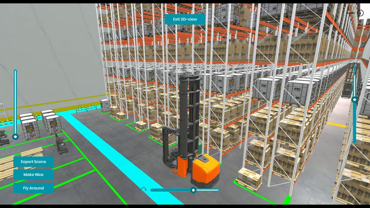 The same warehouse in 3D, with a forklift in an aisle