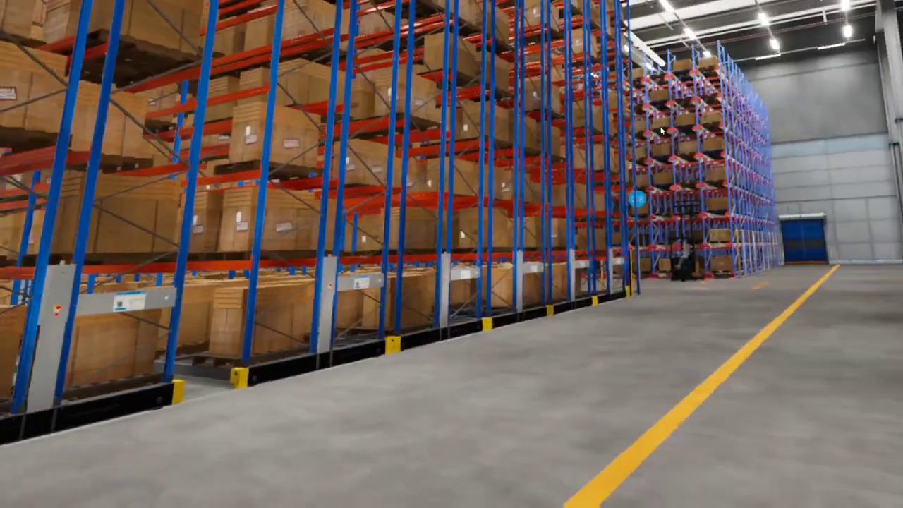 A realistic view down a racking aisle